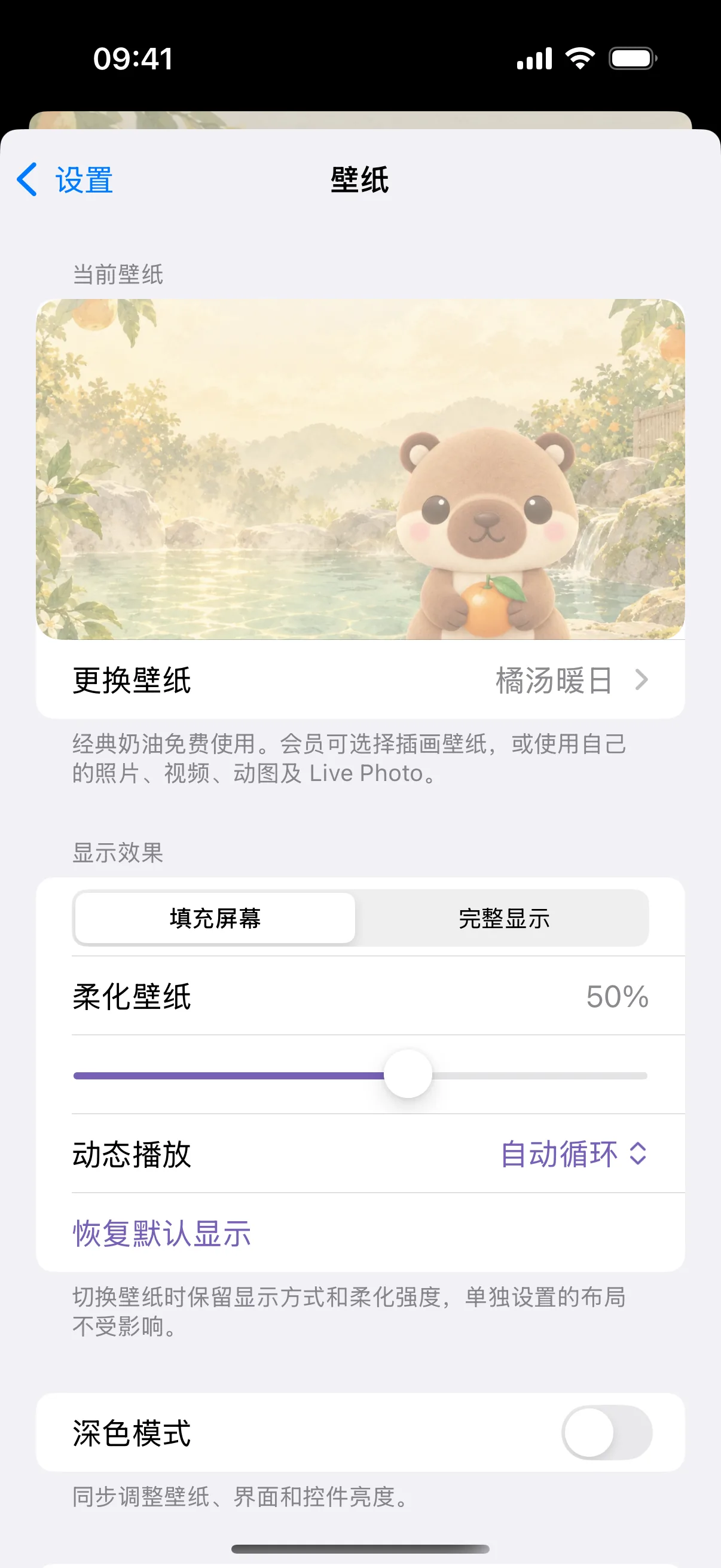 已选择「橘汤暖日」动态壁纸,下面可调整显示方式与播放选项。