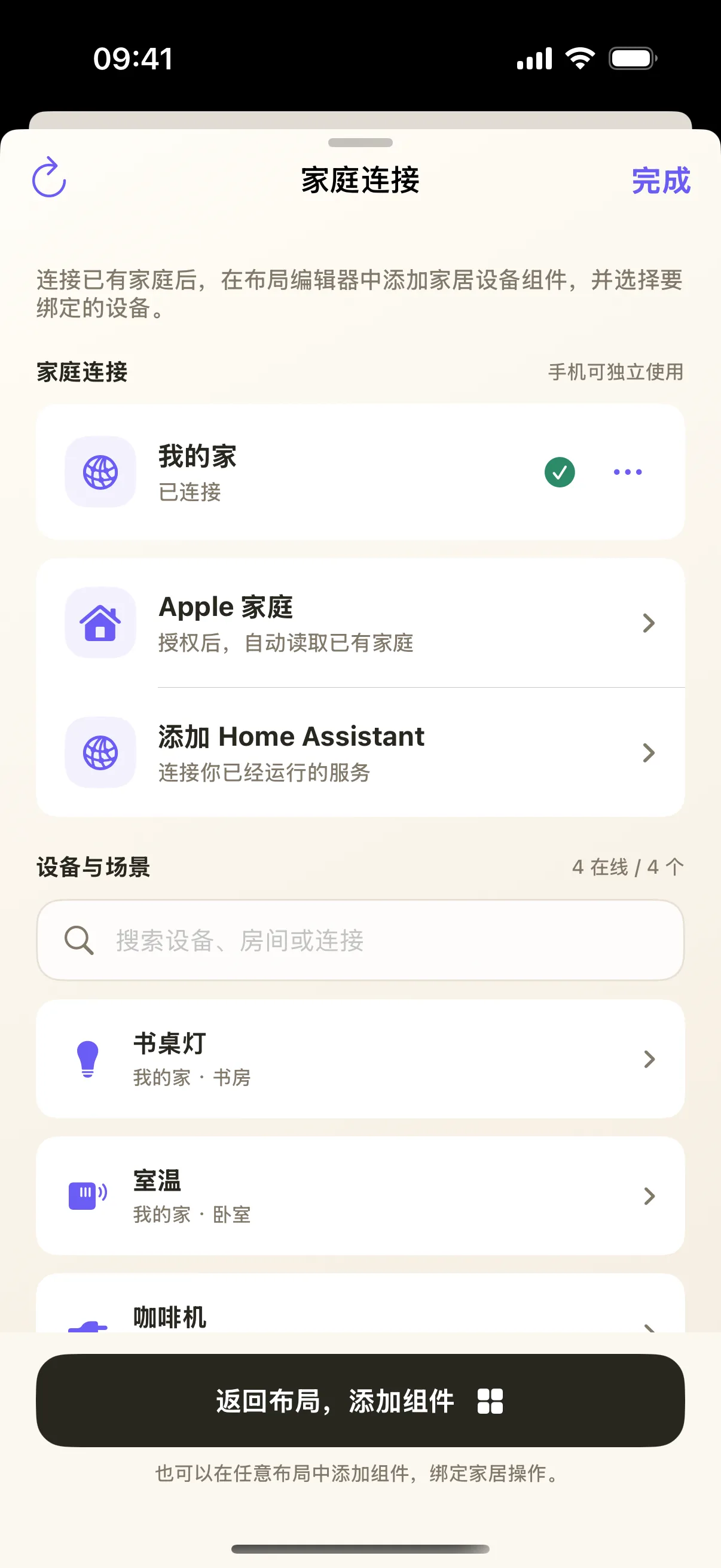 家庭连接管理页;当前已有本地演示连接,可以继续添加 Home Assistant。